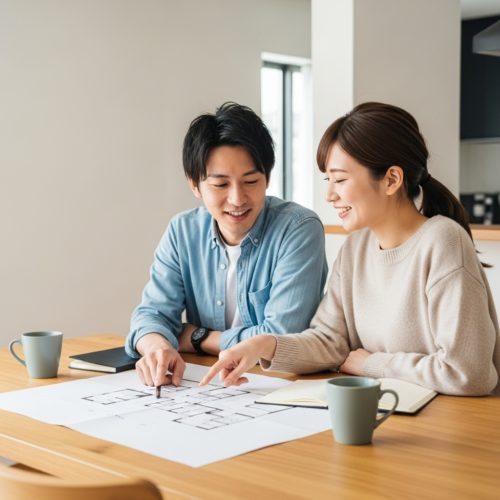自宅のダイニングテーブルで、家の間取り図を広げて未来のマイホームについて楽しそうに話し合っている若い日本人夫婦