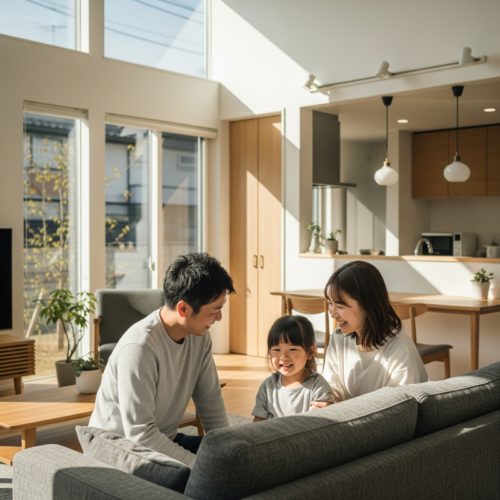 大きな窓から陽光が差し込む、明るくモダンな省エネ住宅のリビングで、笑顔でくつろぐ日本人家族（両親と子供）。快適で質の高い暮らしを想起させる。