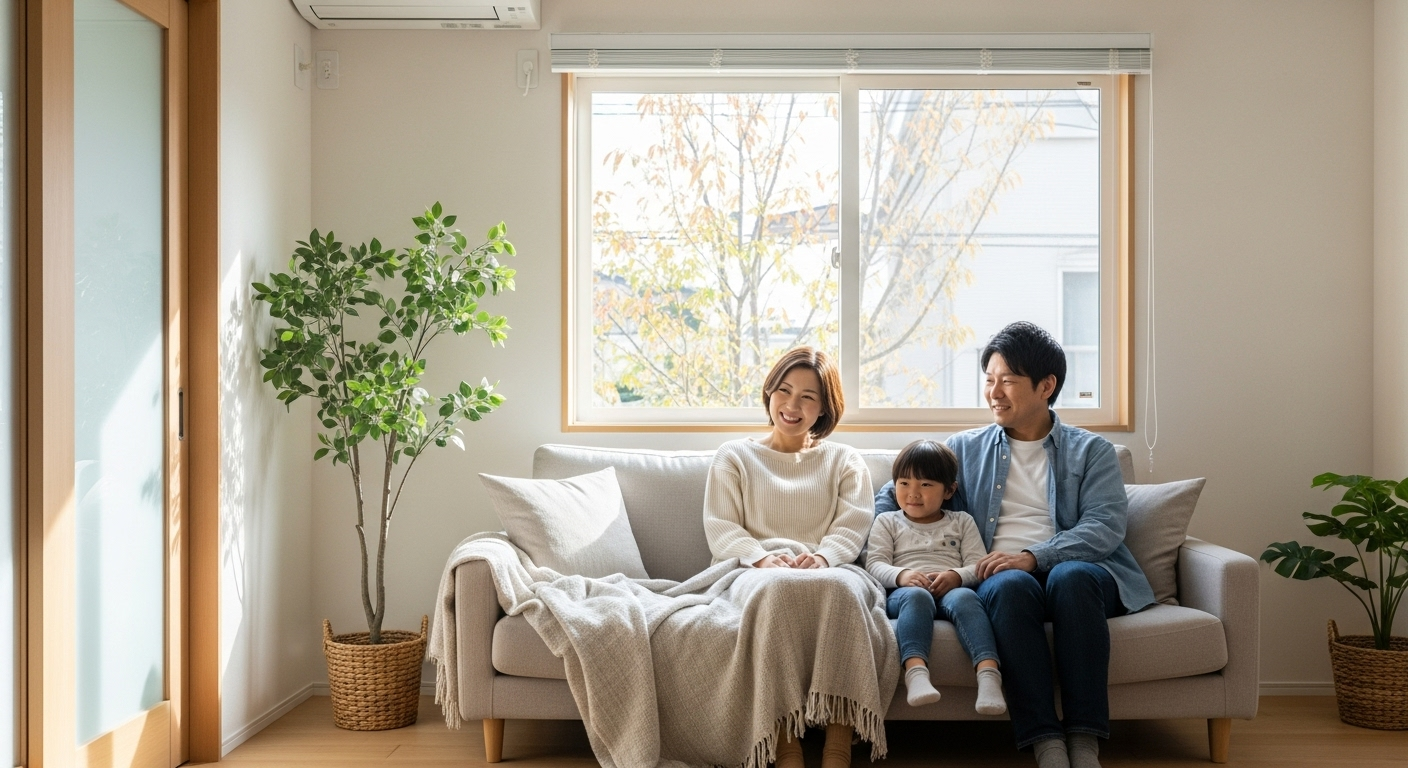 リフォームで新しくなった、温かいリビングでくつろぐ日本人の家族