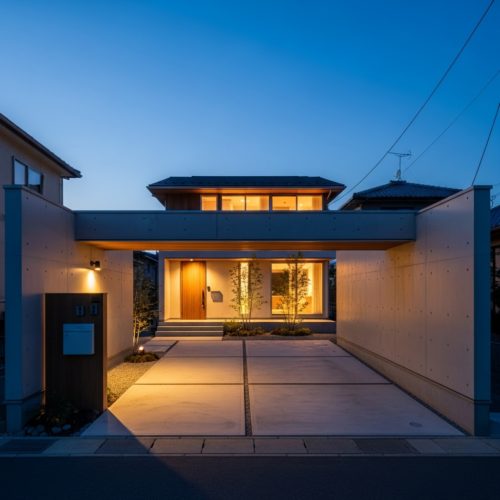 旗竿地の通路の奥に建つ、温かい光に包まれたモダンでおしゃれな一戸建て住宅。