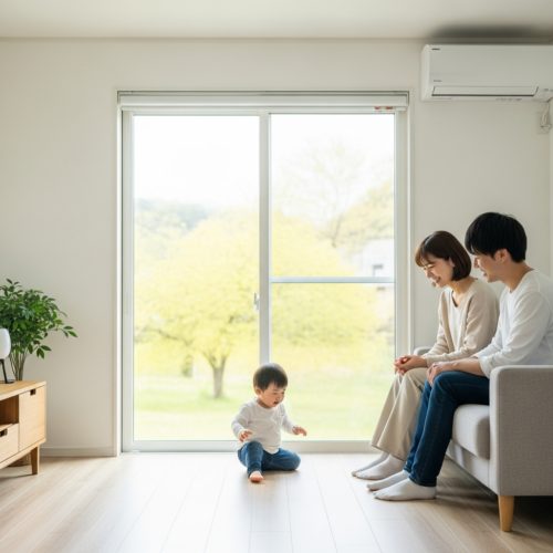 窓の外に花粉が飛ぶ季節でも、窓を閉め切ったクリーンなリビングで、若い日本人家族が安心して快適にくつろいでいる様子