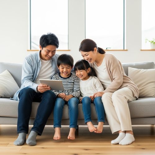モダンなリビングのソファで、父親が持つタブレットを囲みながら笑顔で語り合う日本の家族