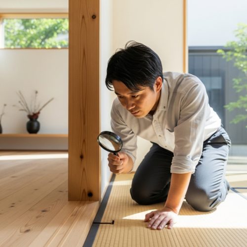 虫眼鏡でモダンな住宅の床を注意深く調べている人物