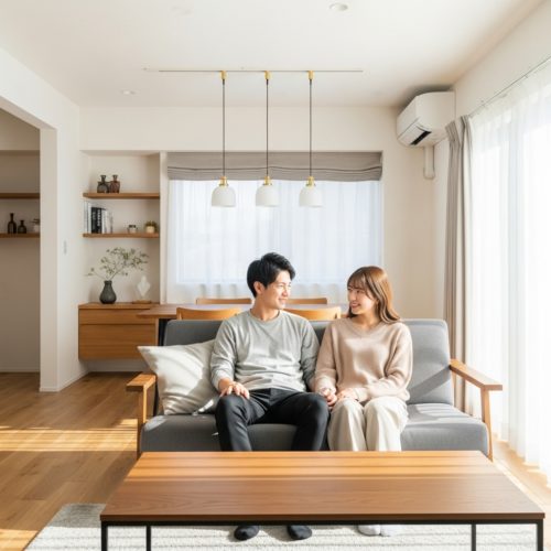 自然光が差し込むモダンなリビングでくつろぐ若い夫婦