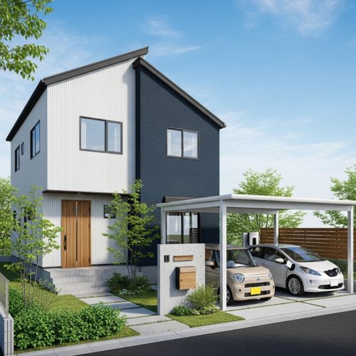 青空の下にあるモダンな日本の2階建て住宅。白と濃い青のツートンカラーの外壁、片流れ屋根が特徴。木製の玄関ドアへ続くコンクリートの階段があり、右手のカーポートには充電中の2台の電気自動車が駐車されている