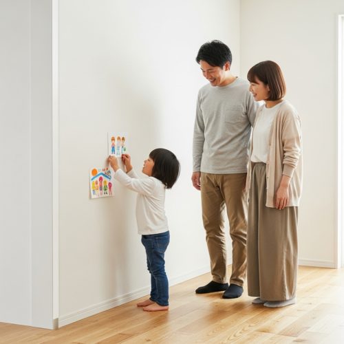 新築の明るいリビングで、若い家族がマグネットウォールにお子さまの絵を飾って楽しんでいる様子。後悔しない家づくりのヒント。