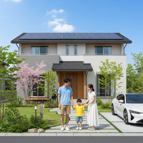 太陽光パネルが設置されたモダンな一戸建ての前で、若い家族が笑顔で立つ様子。太陽光発電と蓄電池による経済的メリットと明るい未来をイメージさせます