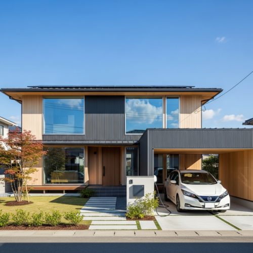 青空の下に建つモダンなスマート・オフ・グリッド・ハウス。屋根に太陽光パネル、駐車スペースには充電中の電気自動車が見える。
