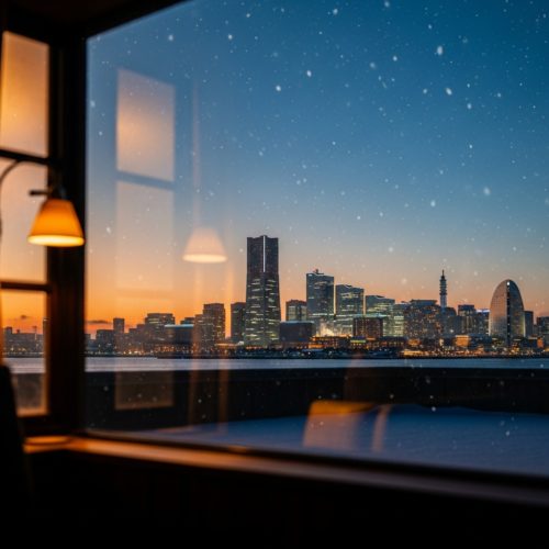 雪が舞う冬の横浜みなとみらいの夕景と、温かい明かりが灯る木造住宅の窓辺