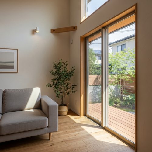 リビングの一角。片側の掃き出し窓からのみ自然光が入り、もう一方の壁は落ち着いた塗り壁で仕上げられた、メリハリのあるバイオフィリックデザイン