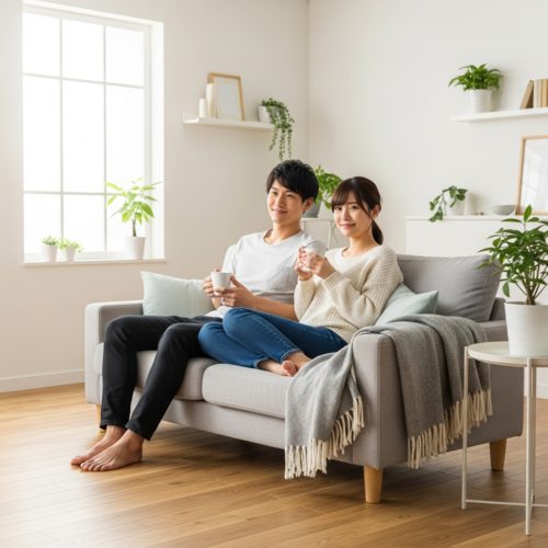 中古マンションのリノベーションを終え、明るくおしゃれなリビングのソファで、若い夫婦がコーヒーを飲みながら穏やかにくつろいでいる様子。