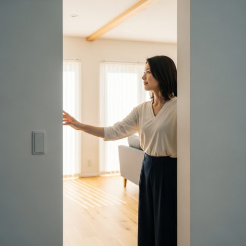 新築のリビングに入りながら自然な動作で壁のスイッチを押す女性