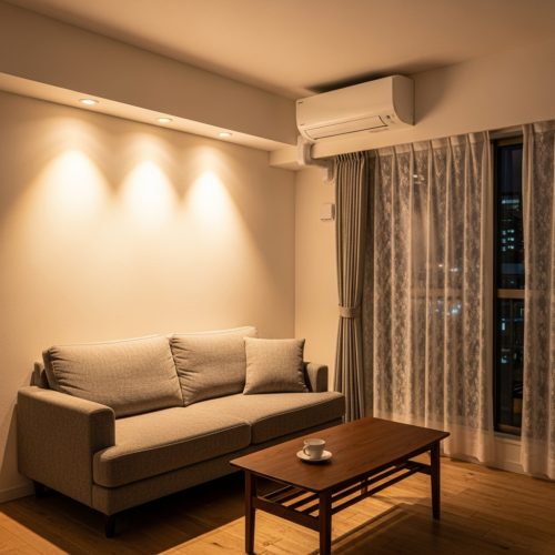 新築注文住宅の夜のリビング。ダウンライトの温かい光が壁面や家具を照らし、リラックスできる落ち着いた空間を演出している。