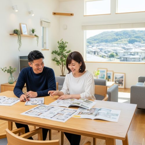 横浜市金沢区の丘陵地が見える明るいダイニングで、マイホームの資料を見ながら笑顔で相談する30代の日本人夫婦