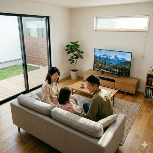 暖かい日差しが差し込むモダンな戸建てのリビングでウッドデッキ越しに庭を眺める家族