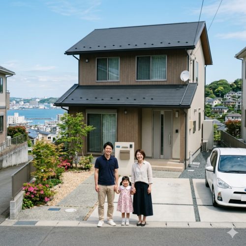 横浜市金沢区の海沿いと丘陵地を背景に建つモダンな2階建ての住宅と、笑顔で立つ若い家族の姿