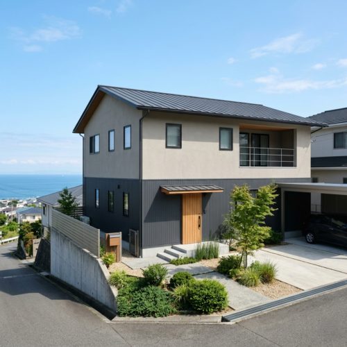 横浜市金沢区の丘陵地をイメージした自然環境と調和するプライバシーに配慮したモダンな高性能住宅の外観