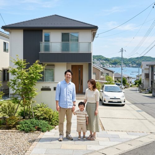 横浜市金沢区の海が見える住宅街で、地盤改良を行い安心して暮らす新築マイホーム前の家族