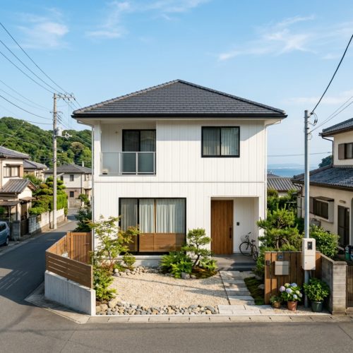 海辺の住宅街に建つ、シンプルでモダンな日本の戸建て住宅の外観