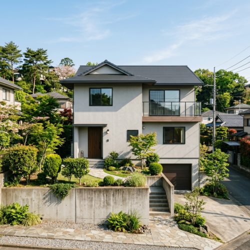 横浜市金沢区の傾斜地に建つモダンで現実的な一戸建て住宅の外観