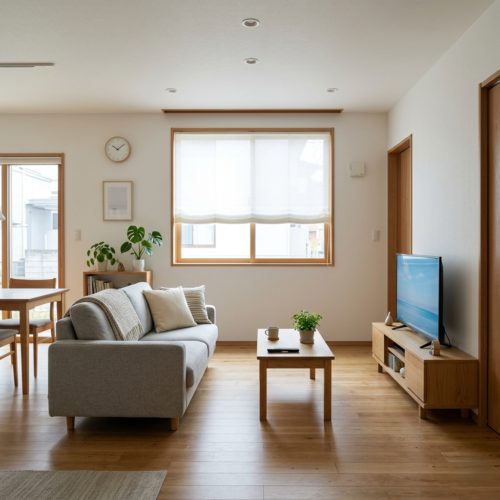窓から自然光が差し込む明るいリビングルーム、横浜市金沢区での一人暮らしの家づくりをイメージした現実的な室内空間