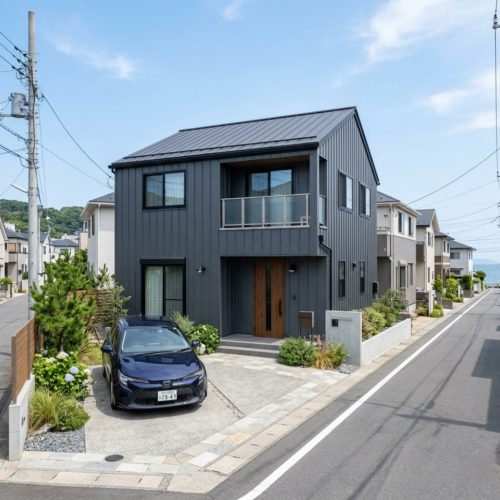 横浜市金沢区の海沿いに建つ、塩害対策を施したモダンな一戸建ての外観