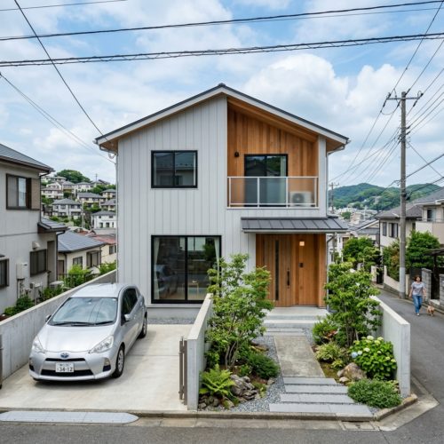 横浜の多湿な環境に耐える、湿気排出設計を取り入れた現代的な日本の注文住宅の外観