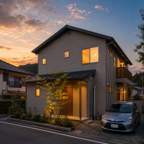 川崎の閑静な住宅街の坂道沿いに建つ、防火対応のスタイリッシュな2階建て注文住宅の外観