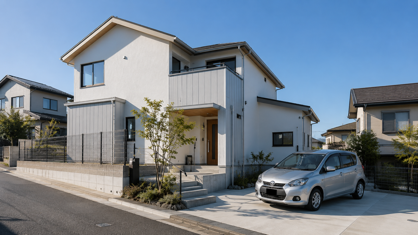 横浜の穏やかな坂道に建ち、周囲の景観に美しく馴染む断熱性能を高めた一戸建て住宅の外観