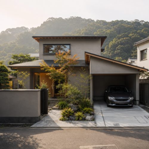 鎌倉・逗子の豊かな緑に調和する、落ち着いたウォームグレーの外壁とおしゃれな外観デザインが特徴的な新築一戸建ての佇まい