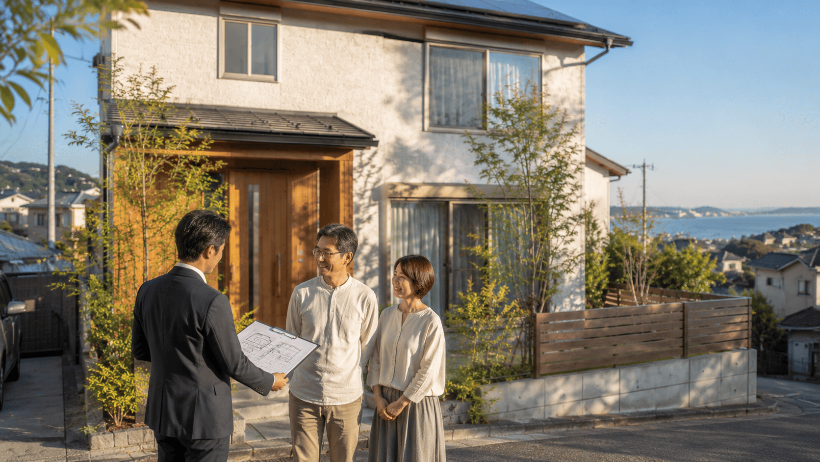 住宅前で屋根・外壁リフォームと太陽光発電について現地調査と相談を行う様子