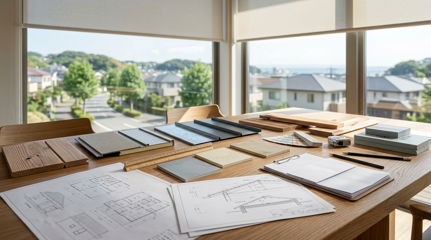 屋根材や外壁材のサンプルと設計図を比較しながらリフォーム計画を検討するイメージ