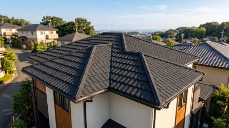 天然石コーティングを施した高耐久屋根材を採用した住宅屋根の施工イメージ