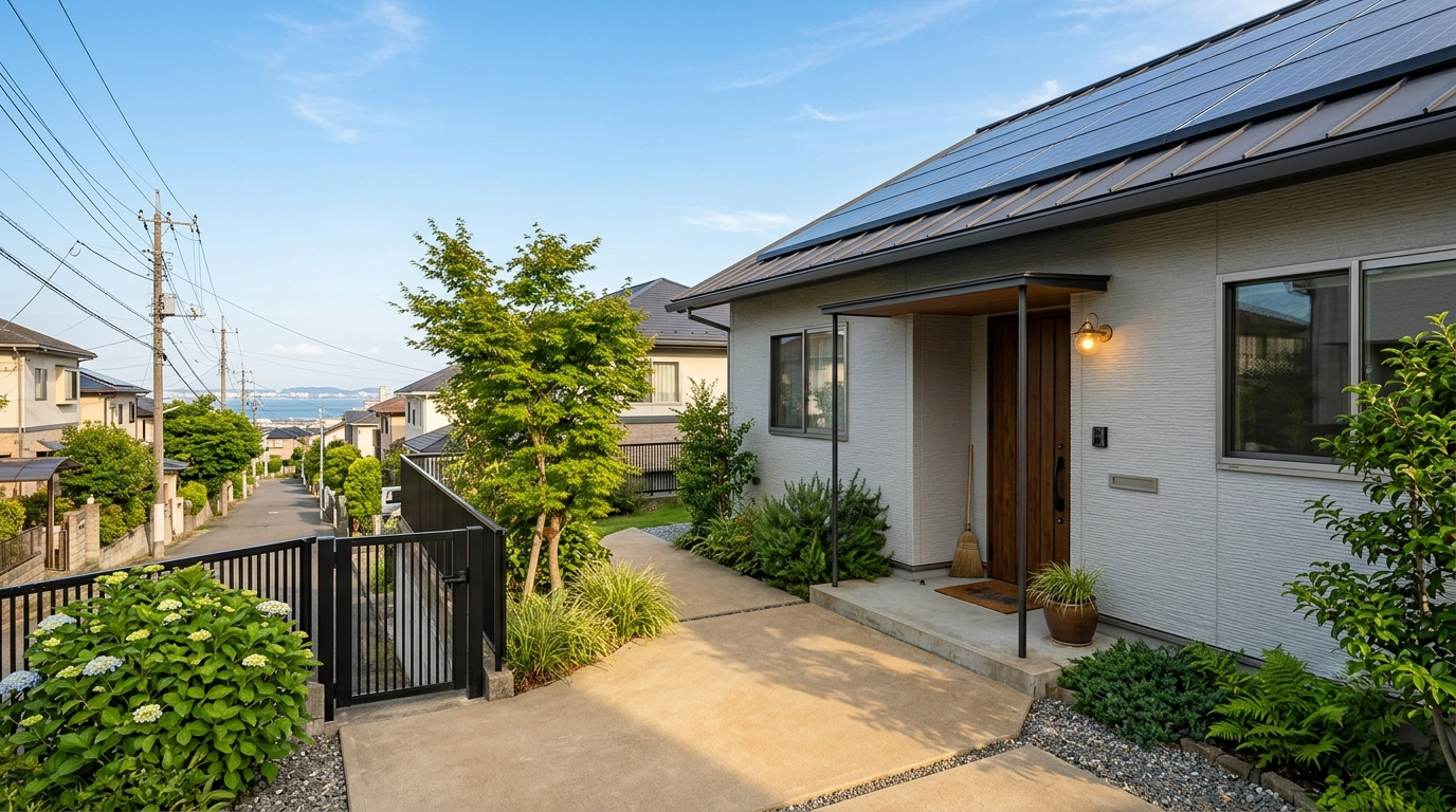 T・ルーフとDanサイディングを採用し、太陽光発電を搭載したリフォーム後の住宅を玄関アプローチから見た完成イメージ