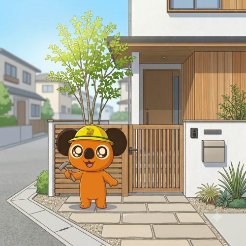 横浜市金沢区の工務店・大栄建設の夏季休業お知らせ。ハンマーを持った公式マスコットキャラクターが、夏の爽やかな木漏れ日が入る住宅アプローチに立つイラスト。