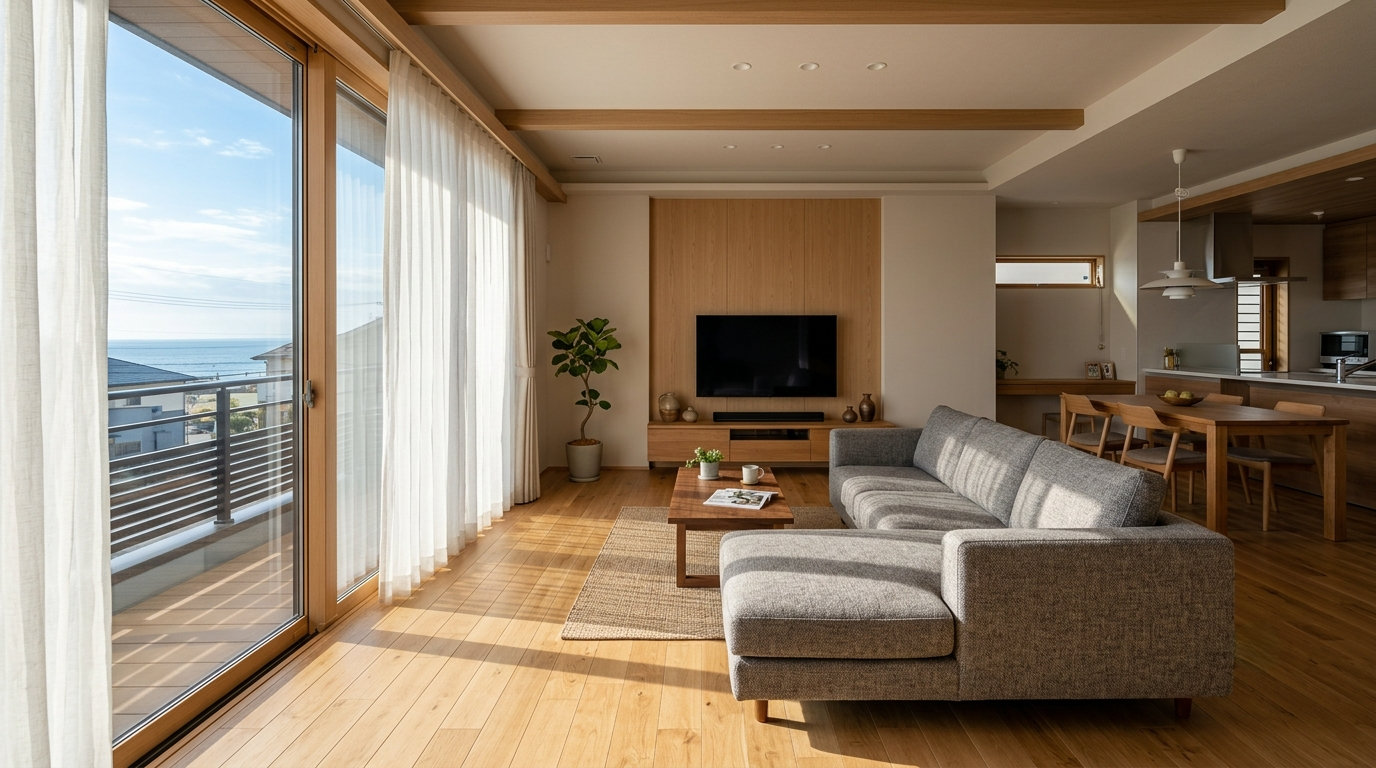 海沿いの爽やかな陽光が差し込む、テレビや家具が整えられた日本のモダンなリビング