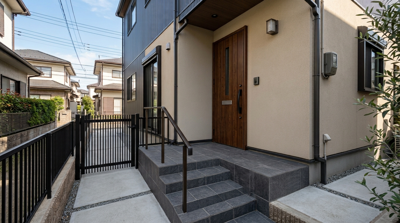 日本の一般的な住宅街にある清潔感のある玄関ポーチとアプローチ