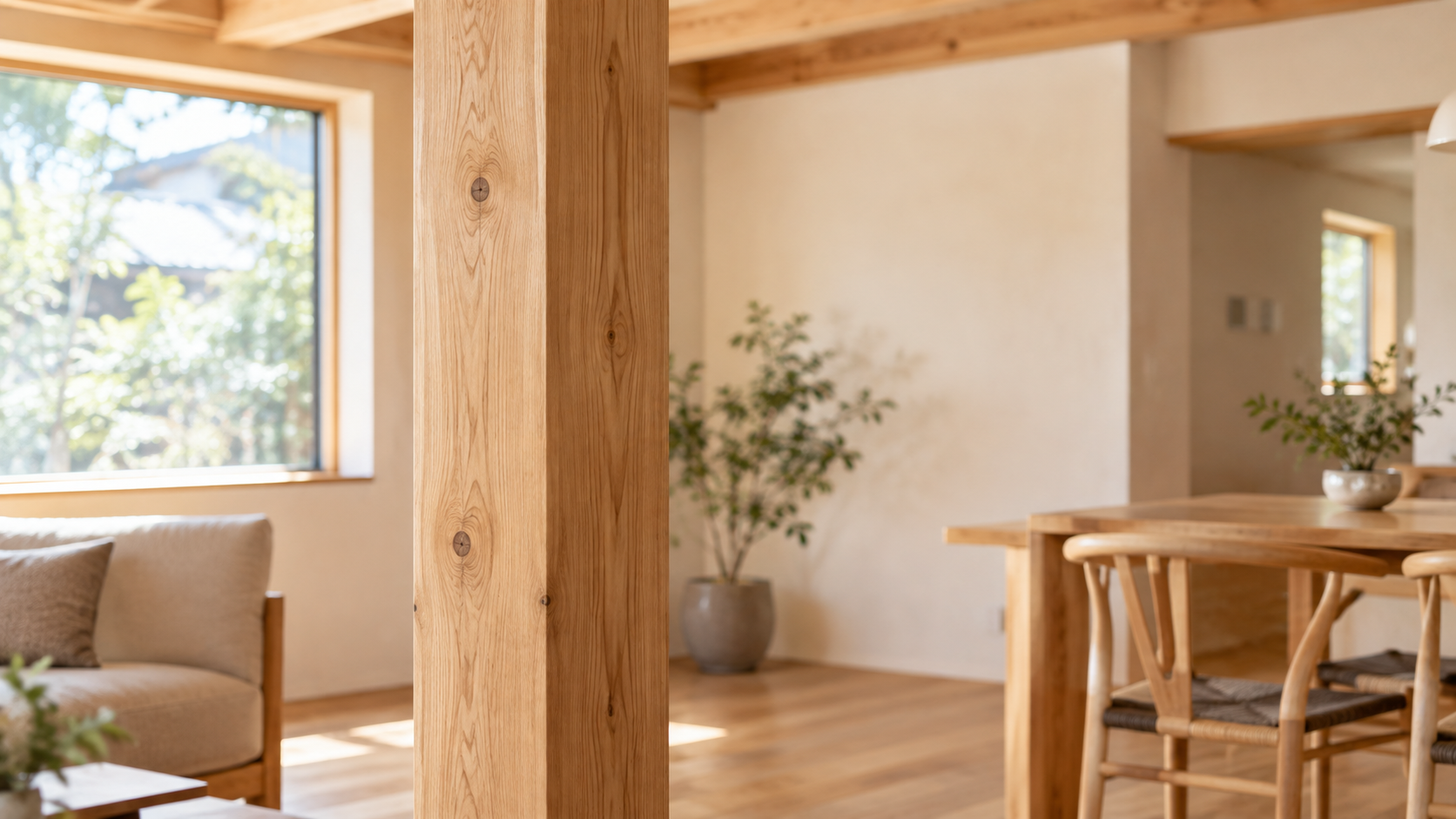リビングの無垢床や自然素材の壁と美しく調和し住まいを支え続ける無垢の構造柱